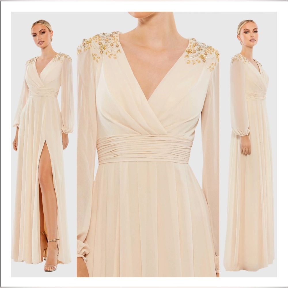 Mac Duggal Beige Embellished Shoulder Blouson Sleeve Evening Gown #55694